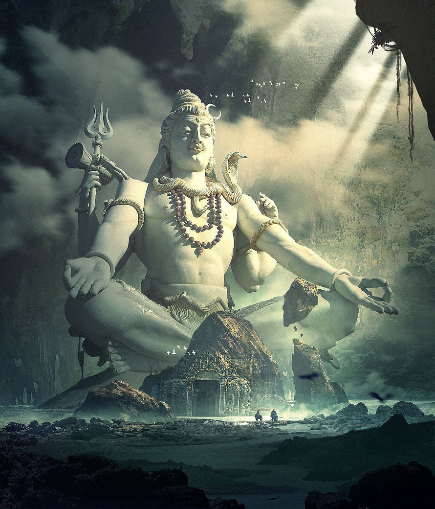 Giant meditating Shiva statue in mystical mountain landscape with trident and cobra HD phone wallpaper