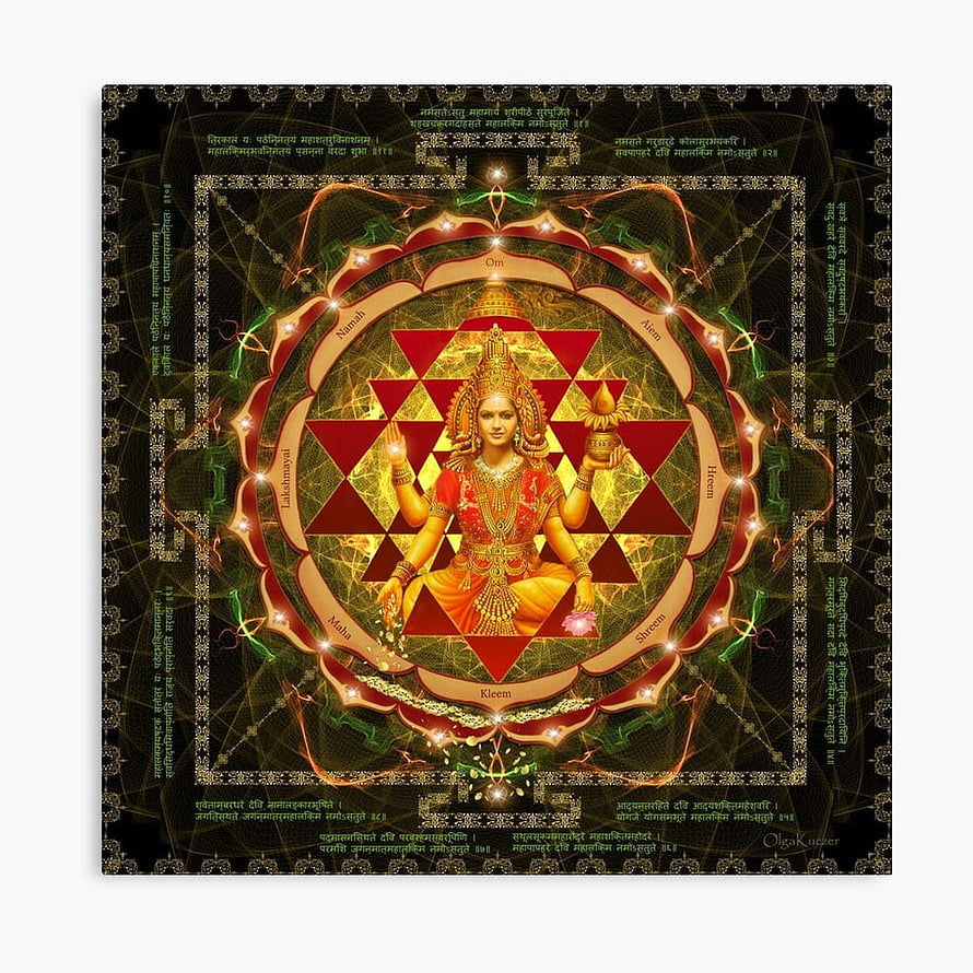 Goddess Lakshmi seated in a sacred Sri Yantra mandala with golden geometric patterns and Sanskrit mantras, Shri Yantra, laxmi yantra HD phone wallpaper
