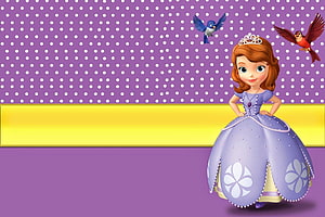 Sofia the First Princess in Lavender Gown with Crown and Flying Birds on Purple Polka Dot Background HD wallpaper