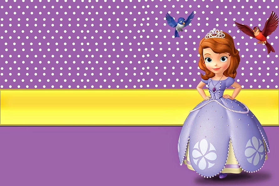 Sofia the First Princess in Lavender Gown with Crown and Flying Birds on Purple Polka Dot Background HD wallpaper