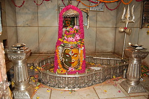 Sacred Ardhanarishvara Shiva Lingam Adorned With Pink Flowers And Silver Trishul In Temple HD wallpaper
