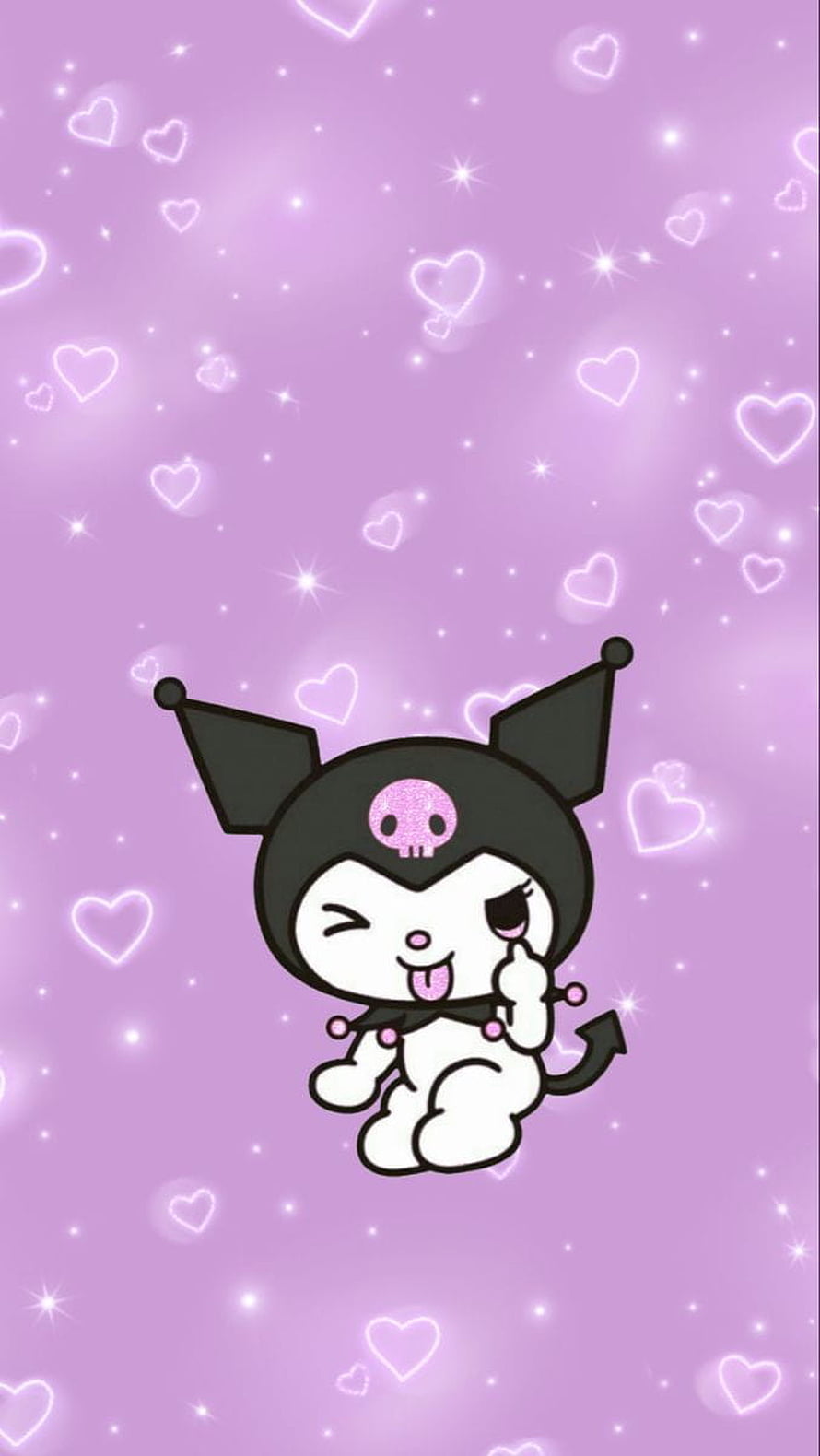 Cute Kuromi Winking With Tongue Out On Sparkly Purple Heart Background HD phone wallpaper