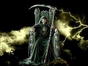 Grim Reaper Seated on Skull Throne with Lightning Storm and Scythe HD wallpaper