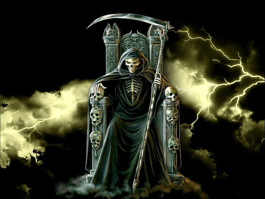 Grim Reaper Seated on Skull Throne with Lightning Storm and Scythe HD wallpaper