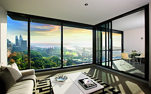 Modern Luxury Apartment Interior With Panoramic City View And Floor To Ceiling Windows HD wallpaper