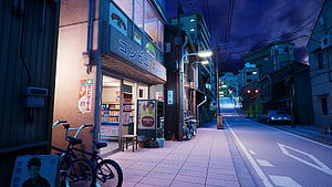 Atmospheric Japanese Convenience Store Street Scene at Night with Neon Lights and Bicycles HD wallpaper