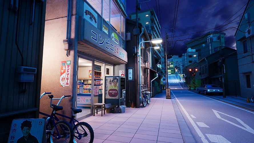 Atmospheric Japanese Convenience Store Street Scene at Night with Neon Lights and Bicycles HD wallpaper