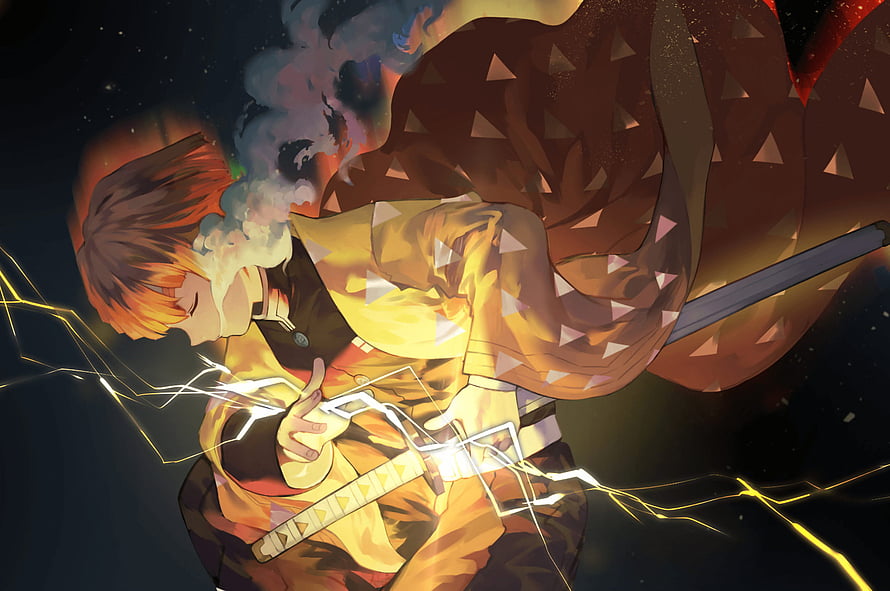Zenitsu Agatsuma from Demon Slayer in Dynamic Thunder Breathing Action Pose HD wallpaper