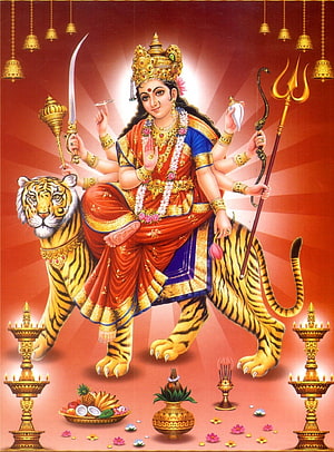 Goddess Durga Riding Tiger with Trishul and Sword Hindu Deity Art HD phone wallpaper