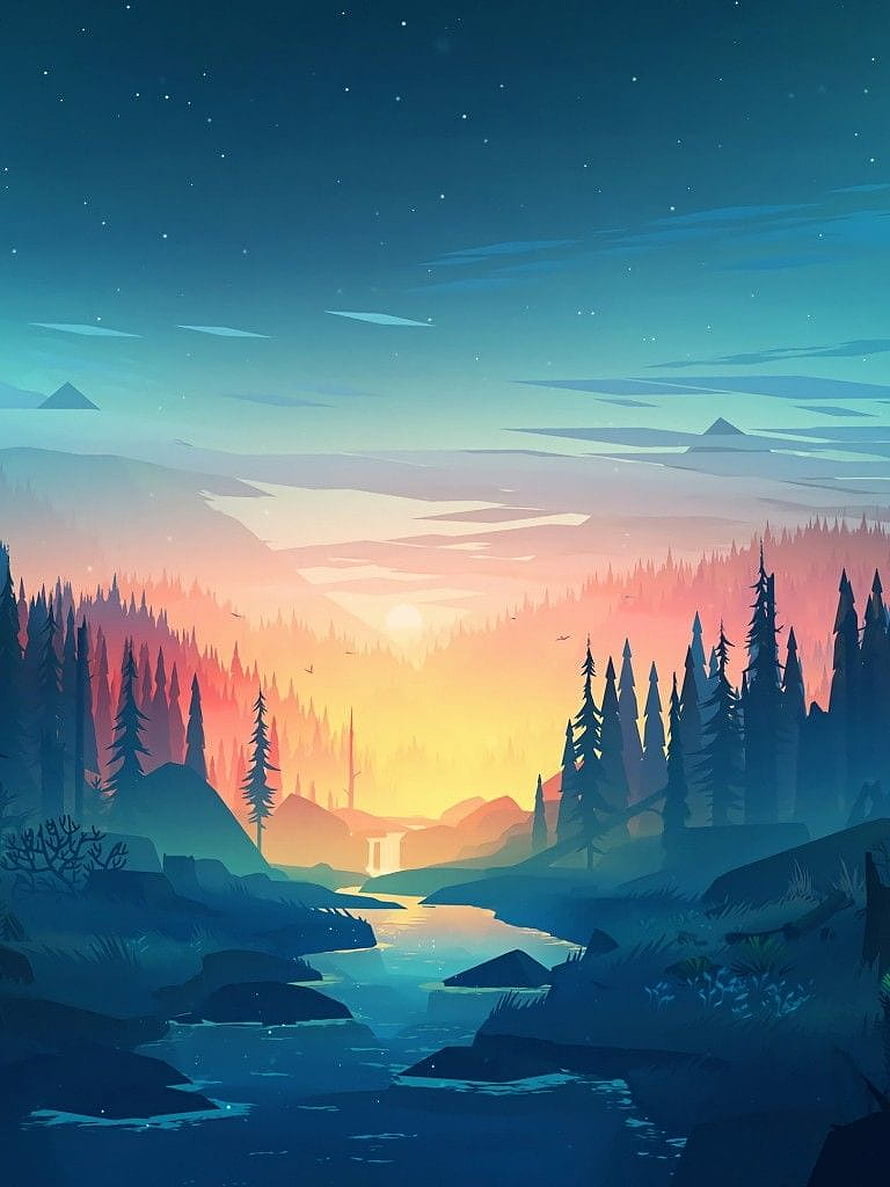 Serene Digital Art Landscape Featuring a River Flowing Through Pine Forest at Sunset HD phone wallpaper