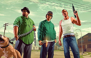 GTA San Andreas Characters Carl Johnson Ryder Big Smoke with Dog and Weapons HD wallpaper
