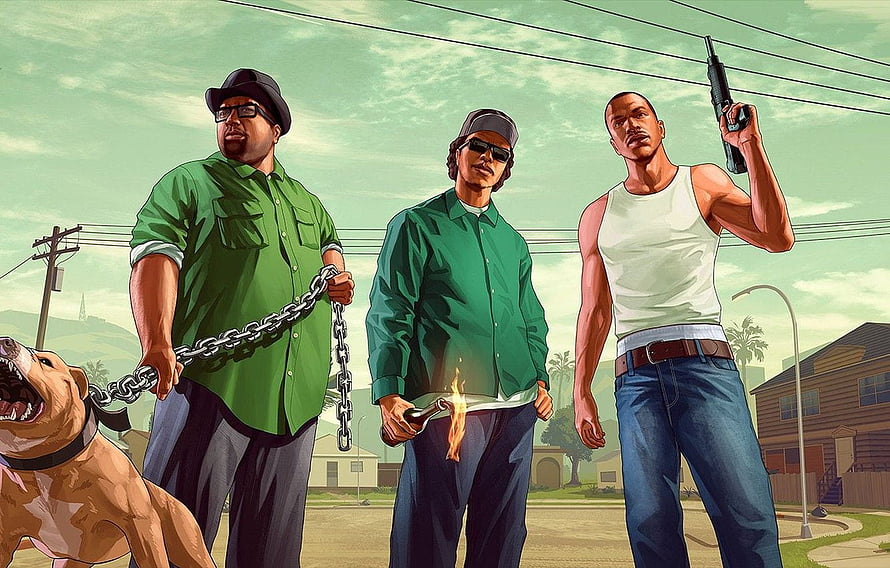 GTA San Andreas Characters Carl Johnson Ryder Big Smoke with Dog and Weapons HD wallpaper