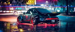 Wide-angle shot of a modified Porsche 911 with neon underglow on a wet city street at night HD wallpaper