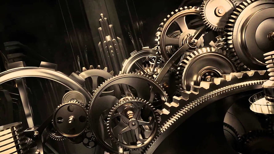 Intricate Mechanical Gears and Cogs in Dark Industrial Setting HD wallpaper