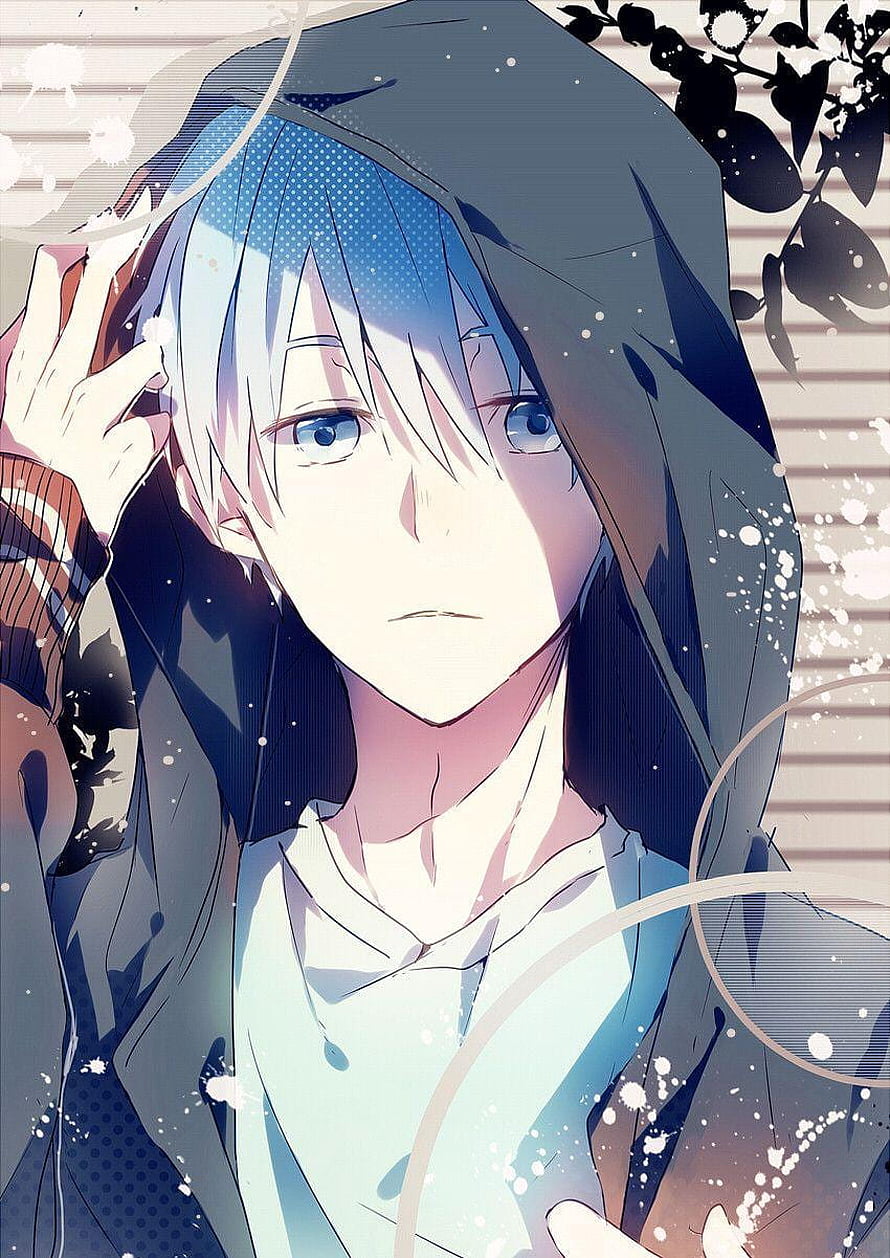 Anime Boy With Blue Hair And Hoodie In Melancholic Art Style HD phone wallpaper