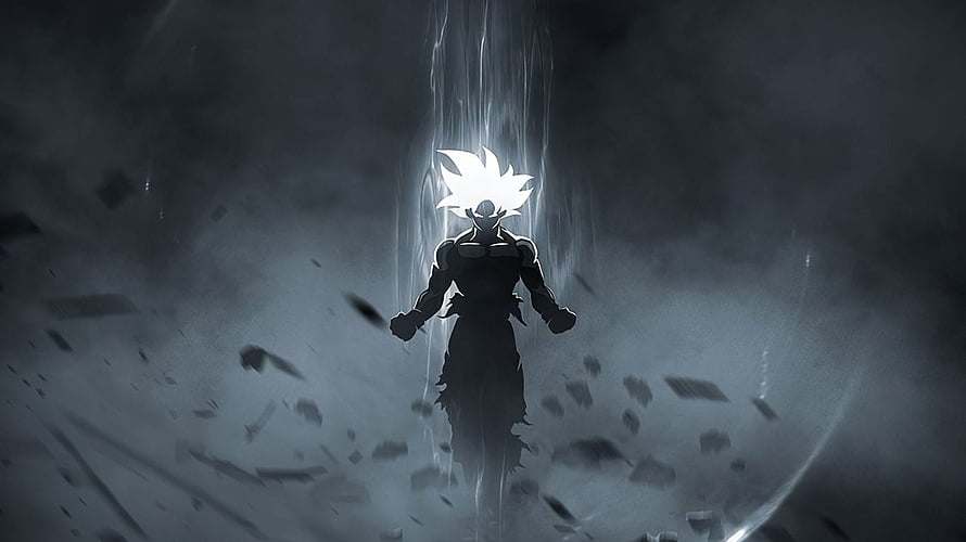 Silhouette of Goku in Ultra Instinct Form with Glowing White Hair and Energy Aura HD wallpaper