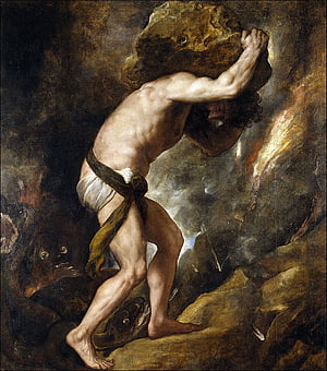Sisyphus Carrying a Massive Boulder in a Dramatic Baroque Painting HD phone wallpaper