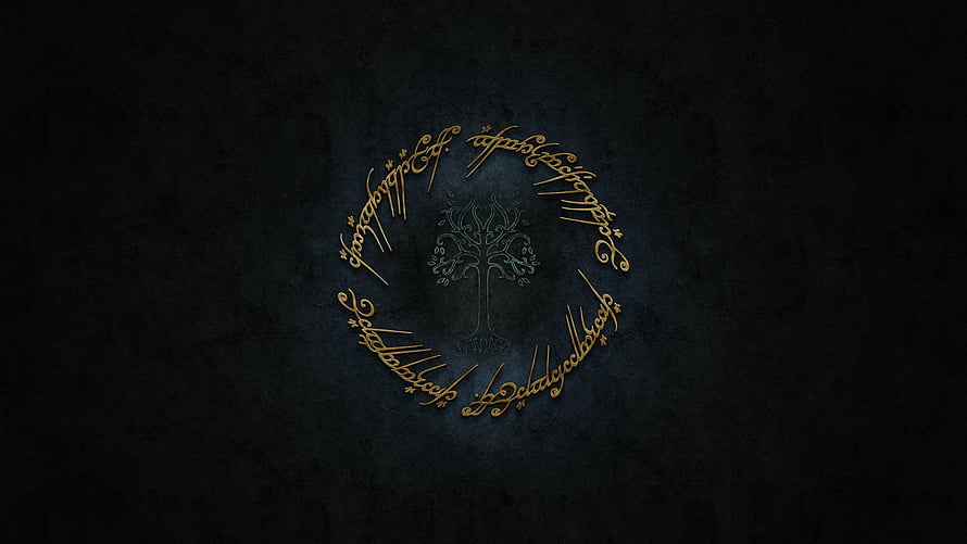 Lord of the Rings Elvish Script and Tree of Life Emblem on Dark Textured Background HD wallpaper