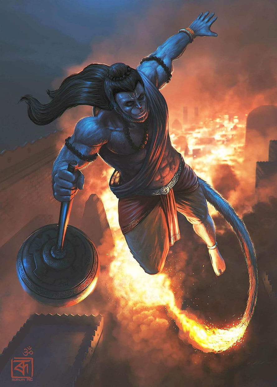 Hanuman Flying Over Burning City With Fire Tail And Mace, Flying Full Size Hanuman Ji For , hanuman ji body HD phone wallpaper