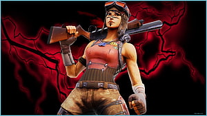 Renegade Raider and Ruby Fortnite Character Artwork with Shotgun and Red Lightning Background HD wallpaper