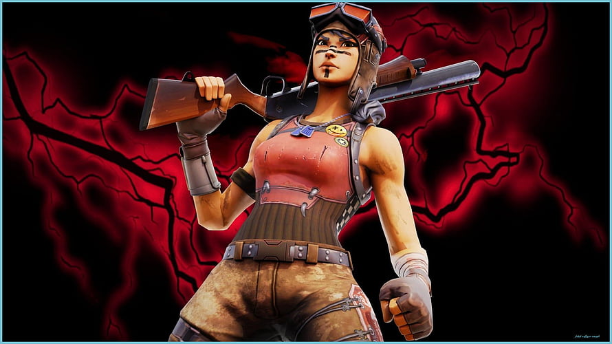 Renegade Raider and Ruby Fortnite Character Artwork with Shotgun and Red Lightning Background HD wallpaper