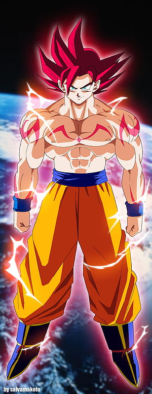 Goku Super Saiyan God Anime Character with Red Hair and Energy Aura HD phone wallpaper