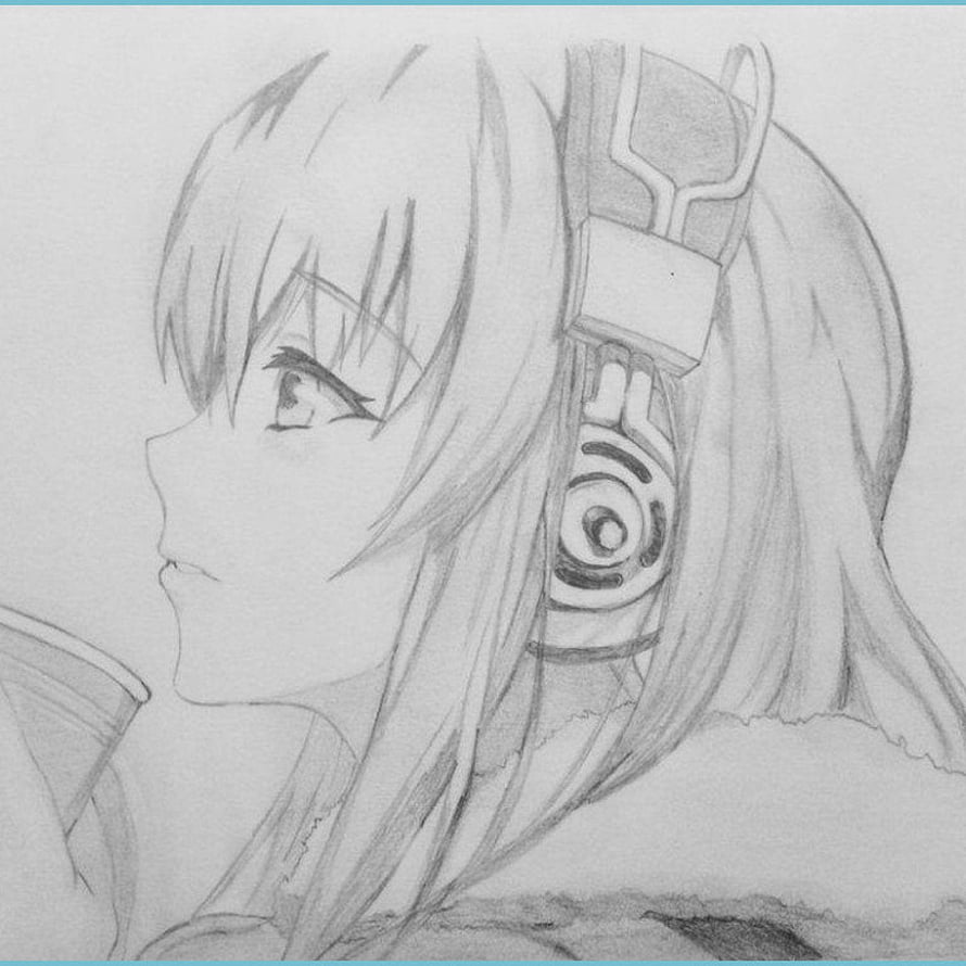 Anime Girl Pencil Sketch with Futuristic Headset and Long Hair HD phone wallpaper