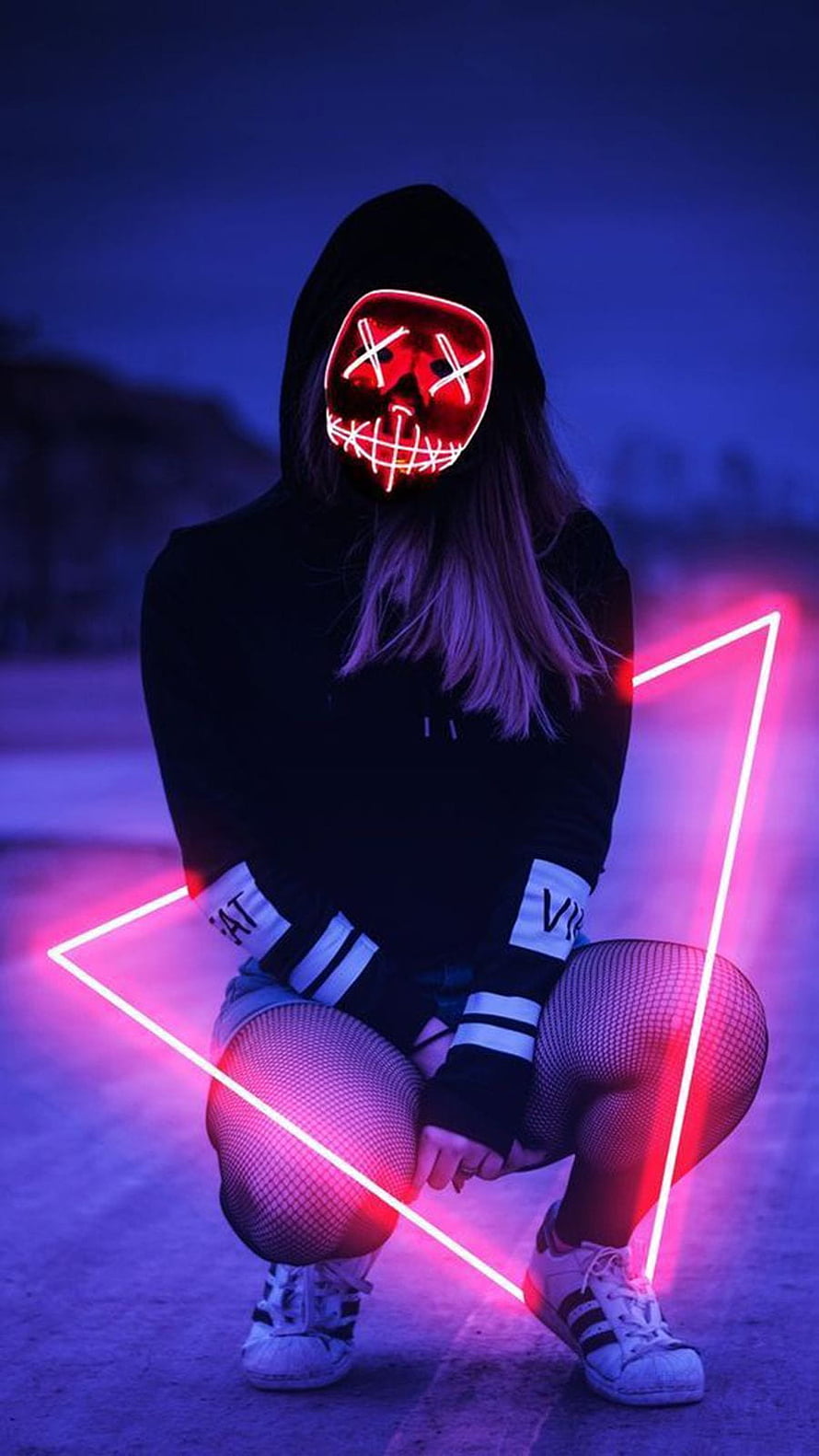 Woman in black hoodie wearing a glowing red LED skull mask with neon pink triangle light, People, Human, Person, Woman, Man, Girl, Boy, best for boys HD phone wallpaper