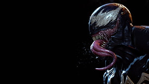 Venom Digital Art Portrait with Long Tongue and Sharp Teeth on Black Background HD wallpaper