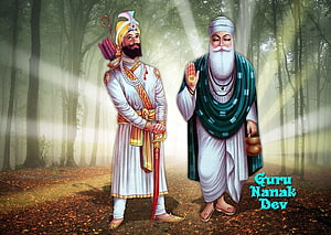 Guru Nanak Dev and Guru Gobind Singh in a Sacred Forest Setting HD wallpaper