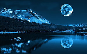 Full Moon Over Snow-Capped Mountains and a Calm Alpine Lake at Night HD wallpaper