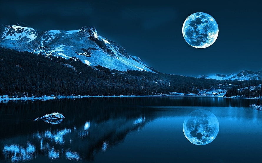 Full Moon Over Snow-Capped Mountains and a Calm Alpine Lake at Night HD wallpaper