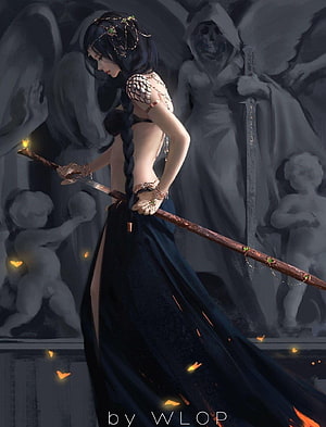 WLOP Dark Fantasy Illustration of a Woman with a Sword and Glowing Butterflies, General 1268x1661 WLOP fantasy art fantasy girl dark hair, wlop HD phone wallpaper