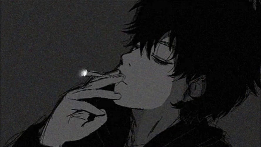 Dark Anime Boy Smoking Cigarette With Glowing Ember In Moody Monochrome Style HD wallpaper