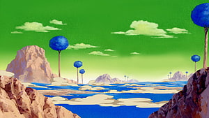 Planet Namek Landscape with Blue Trees and Rocky Terrain HD wallpaper