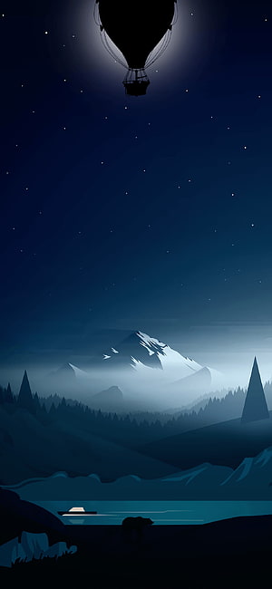 Silhouette of a hot air balloon floating above a misty mountain lake at night with a bear and stars HD phone wallpaper