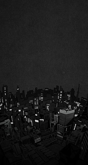 Dark Monochrome Cityscape Illustration With Glowing Windows And Night Sky HD phone wallpaper