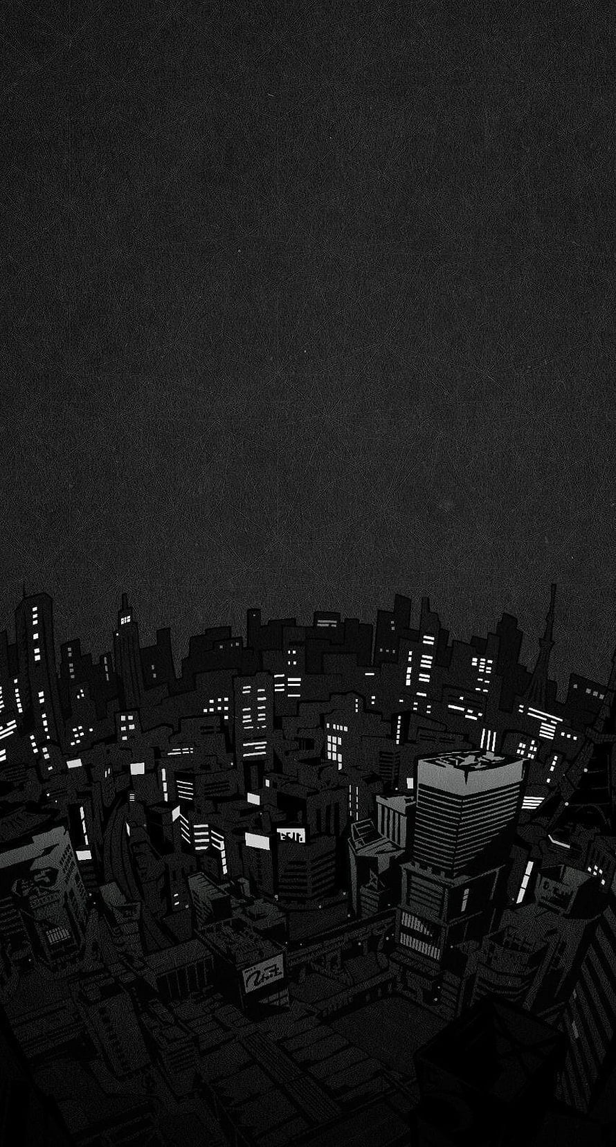 Dark Monochrome Cityscape Illustration With Glowing Windows And Night Sky HD phone wallpaper