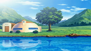 Anime Style Lake House With Dome Roof And Mountain Scenery HD wallpaper