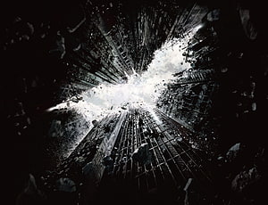 Dramatic Black and White Cityscape with Shattered Glass and Falling Debris HD wallpaper