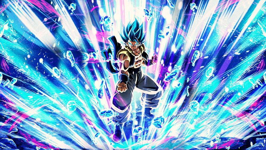 Gogeta Blue Anime Character in Dynamic Energy Burst with Vibrant Blue and Purple Light Effects HD wallpaper