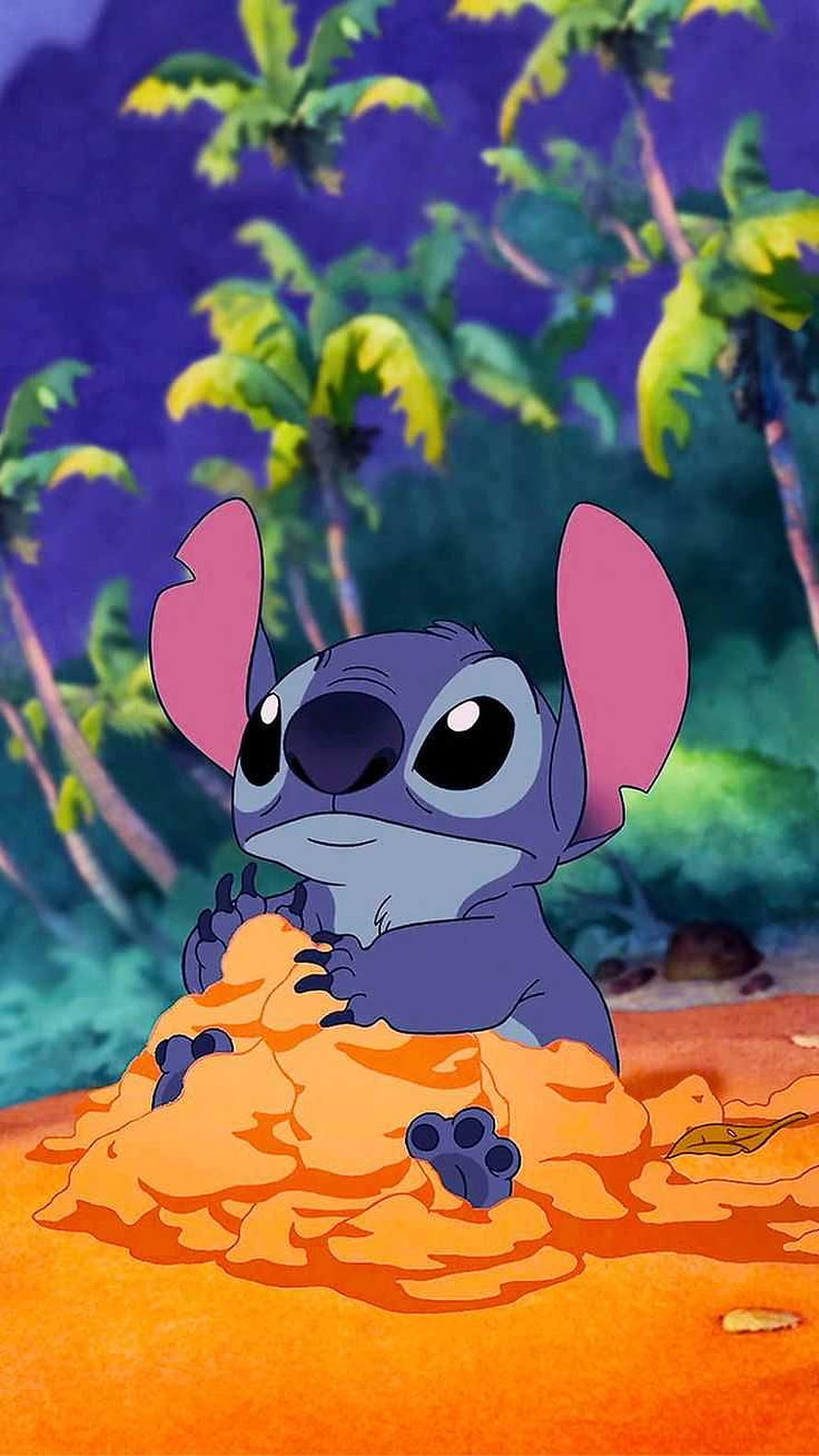Stitch Playing in Sand at a Tropical Beach with Palm Trees HD phone wallpaper