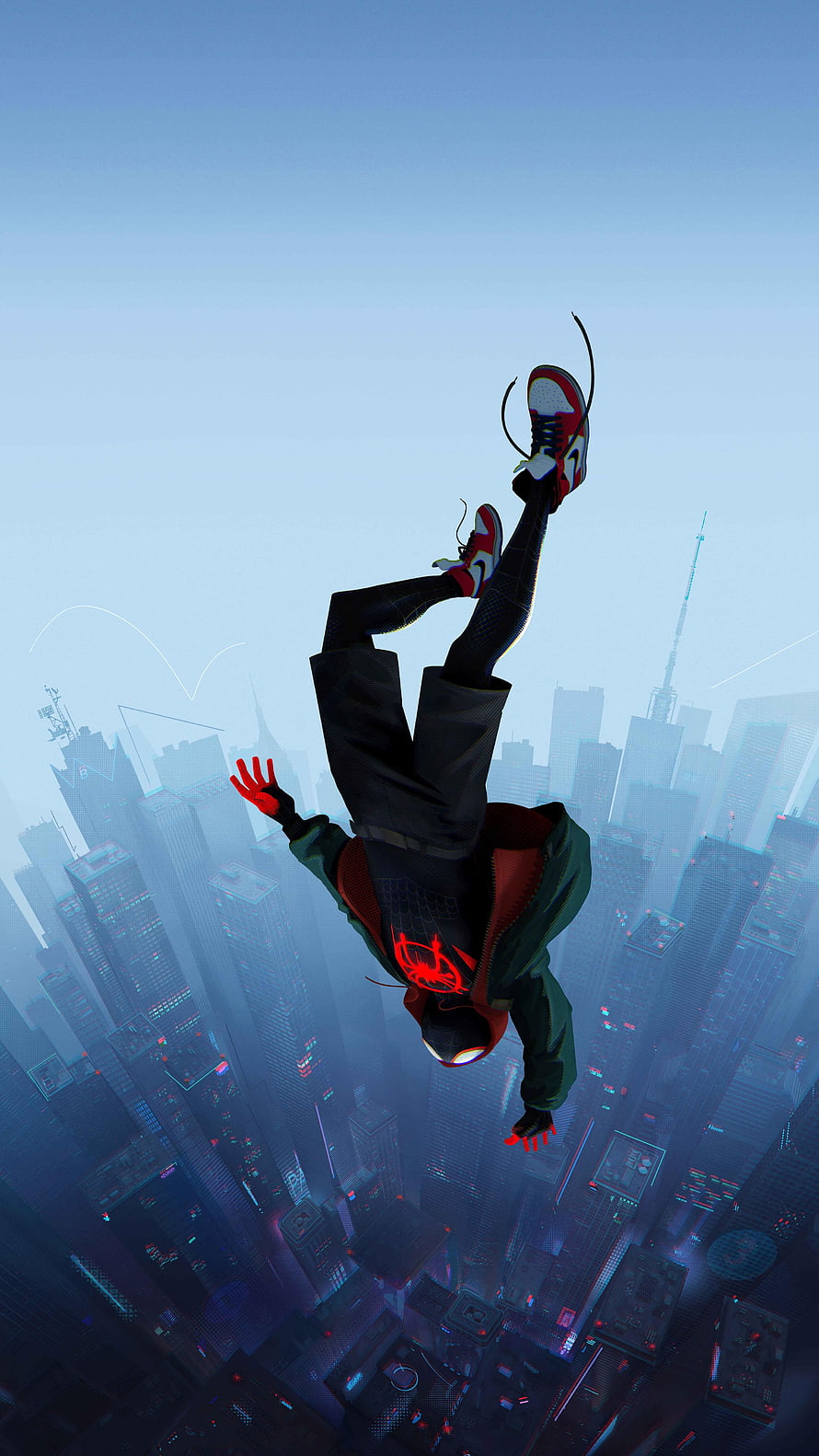 Miles Morales Spider-Man Falling Through City Skyline, Miles Morales Spider Man Into The Spider Verse , anime aesthetic spider verse HD phone wallpaper