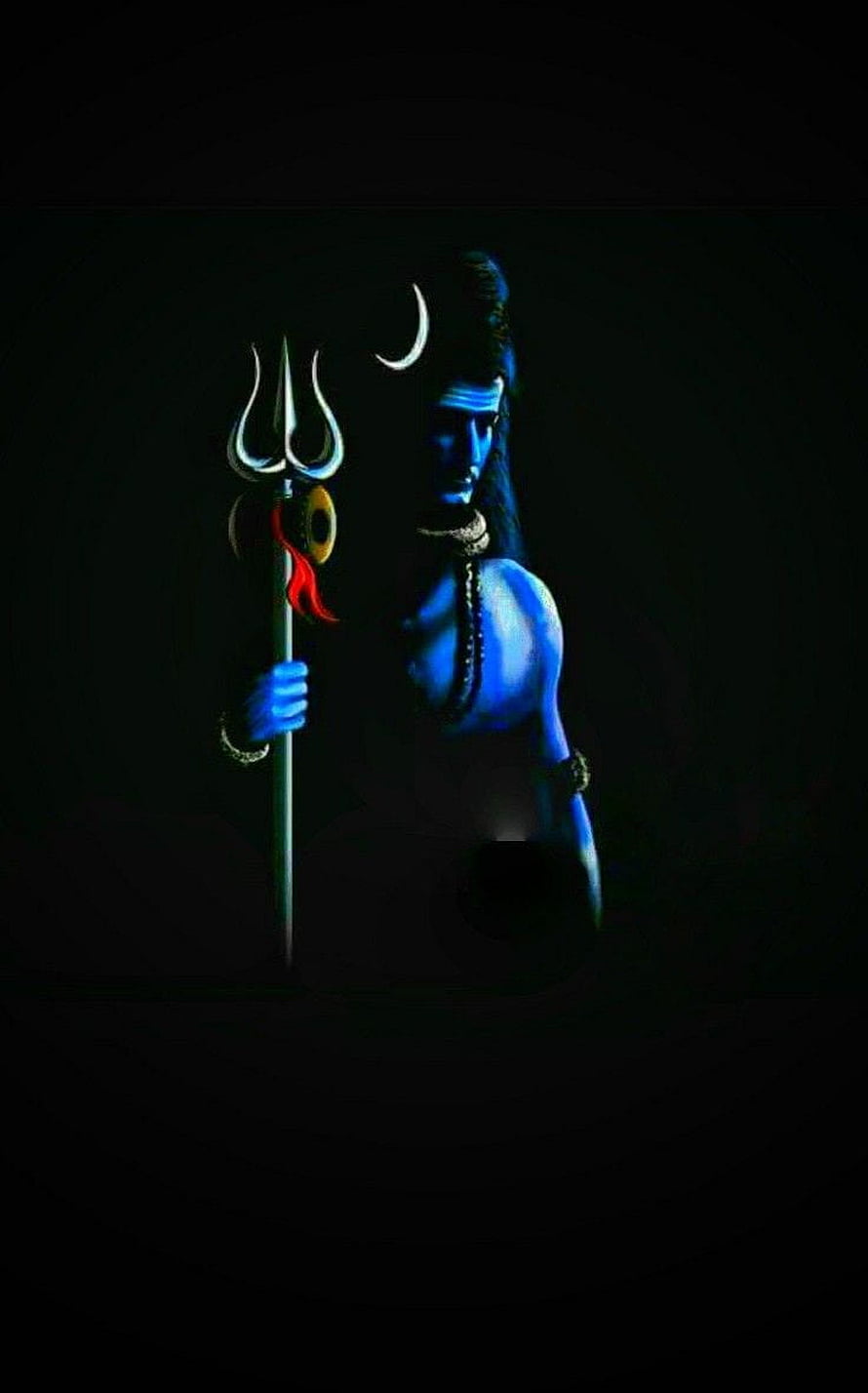 Blue Skinned Hindu God Shiva Holding Trishul Trident With Crescent Moon HD phone wallpaper
