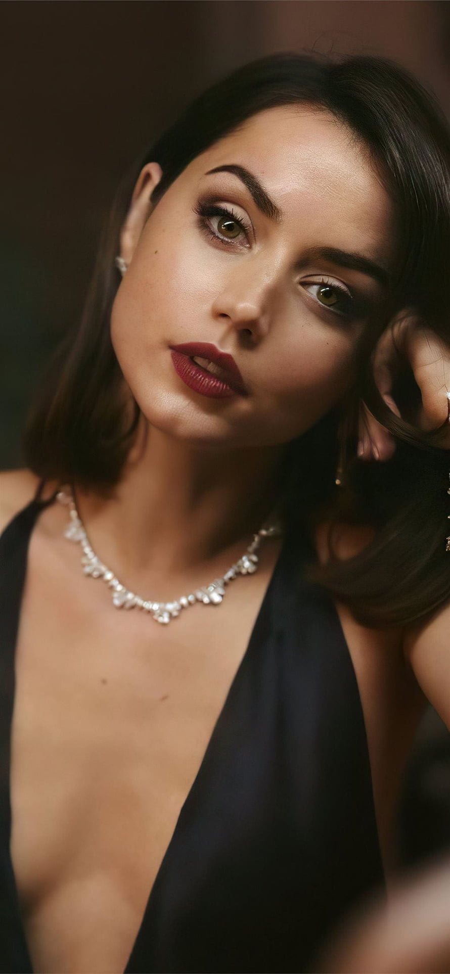 Ana de Armas Elegant Portrait in Black Dress with Diamond Necklace HD phone wallpaper
