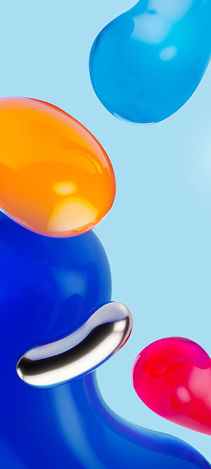Vibrant 3D Abstract Liquid Shapes with Glossy Chrome and Colorful Bubbles on Light Blue Background HD phone wallpaper