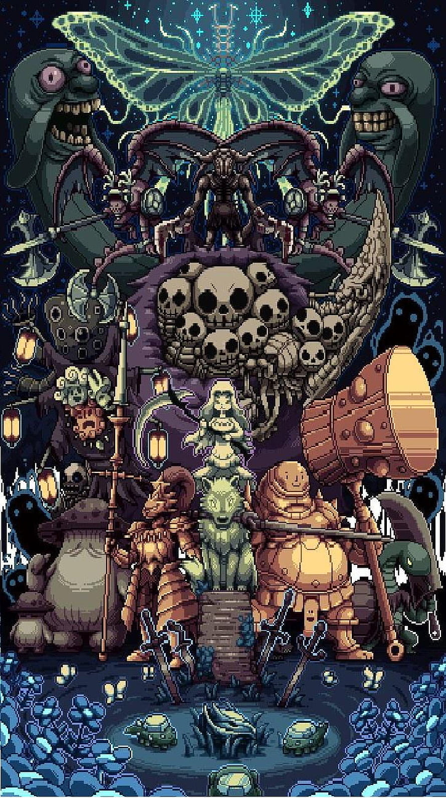 Dark Souls Pixel Art Tribute Featuring Knight, Wolf, and Bosses HD phone wallpaper