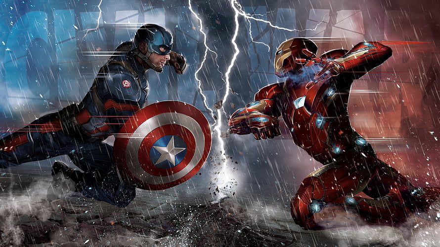 Captain America and Iron Man Clash in a Dramatic Rainstorm Battle Scene, Captain America vs Iron Man, iron man HD wallpaper