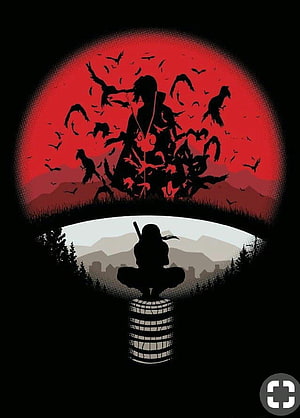 Naruto Uzumaki and Itachi Uchiha Silhouette Artwork with Sharingan Eye and Crows HD phone wallpaper