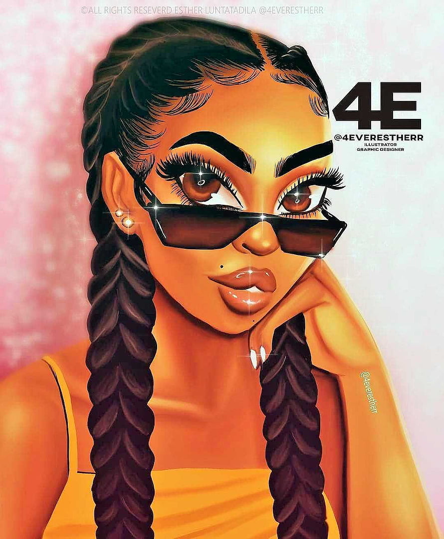 Stylized digital illustration of a woman with long braids and sunglasses resting her chin on her hand, Black Girl Cartoon, baddie black girl HD phone wallpaper